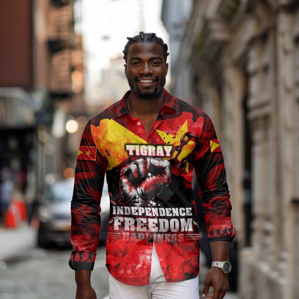 Tigrayans Independence Long Sleeve Button Shirt I Stand with Tigray - Fist of Freedom