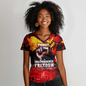 Tigrayans Independence Women V-Neck T-Shirt I Stand with Tigray - Fist of Freedom