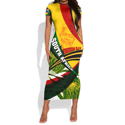 South Africa Freedom Day Mandela Short Sleeve Bodycon Dress National Pride Protea Flower DT02