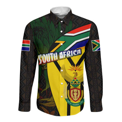 Coat Of Arms South Africa Long Sleeve Button Shirt Protea Unity Heritage