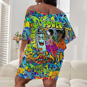 Hip Hop Graffiti Art Off Shoulder Short Dress Black Power