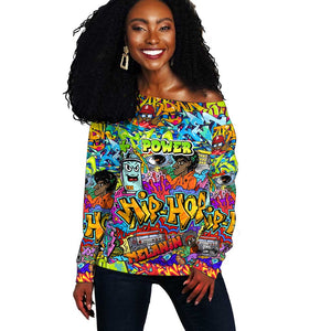 Hip Hop Graffiti Art Off Shoulder Sweater Black Power