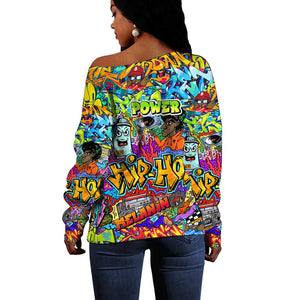 Hip Hop Graffiti Art Off Shoulder Sweater Black Power