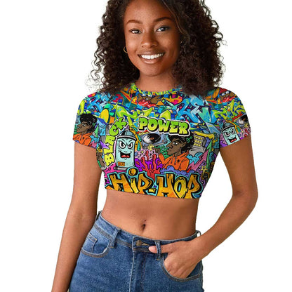 Hip Hop Graffiti Art Raglan Cropped T shirt Black Power