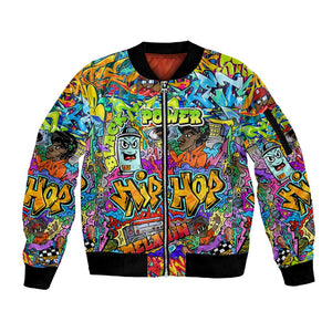 Hip Hop Graffiti Art Sleeve Zip Bomber Jacket Black Power