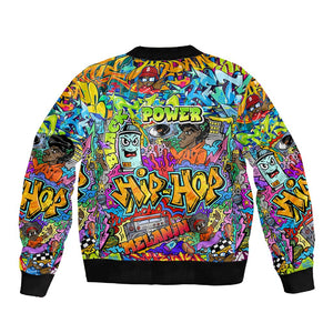 Hip Hop Graffiti Art Sleeve Zip Bomber Jacket Black Power