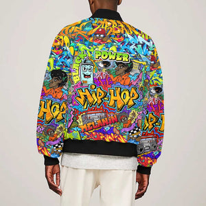 Hip Hop Graffiti Art Sleeve Zip Bomber Jacket Black Power