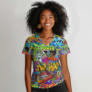 Hip Hop Graffiti Art Women V-Neck T-Shirt Black Power