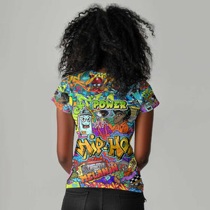 Hip Hop Graffiti Art Women V-Neck T-Shirt Black Power