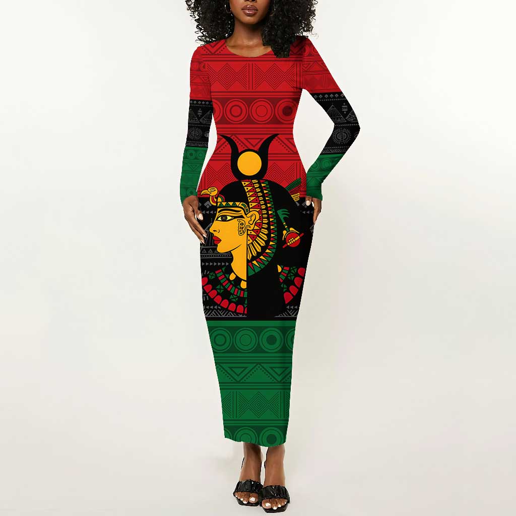 Personalized Queen of Egypt Long Sleeve Bodycon Dress in Pan-African Colors