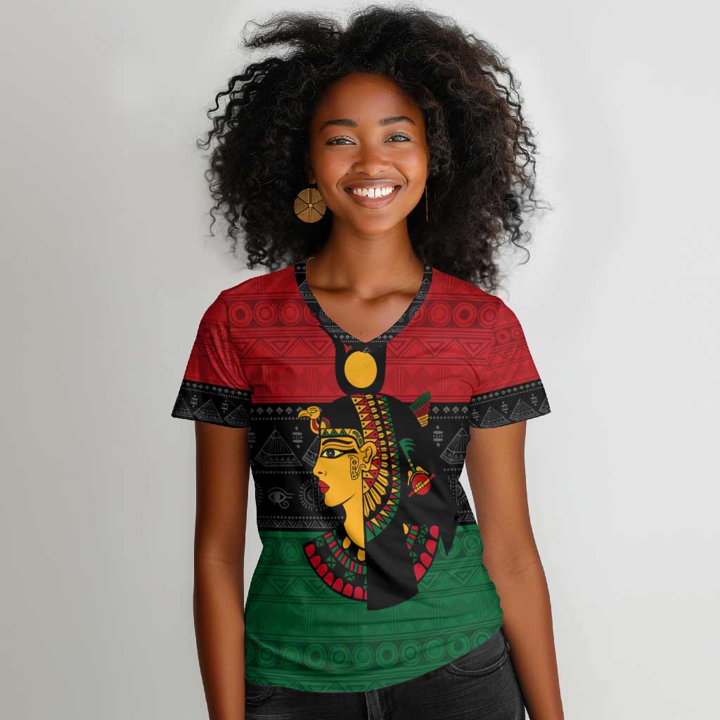 Personalized Queen of Egypt Women V-Neck T-Shirt in Pan-African Colors