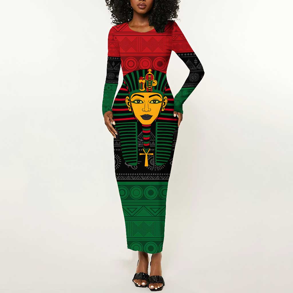 Personalized Ancient Egypt Long Sleeve Bodycon Dress - Pharaoh in Pan-African Colors