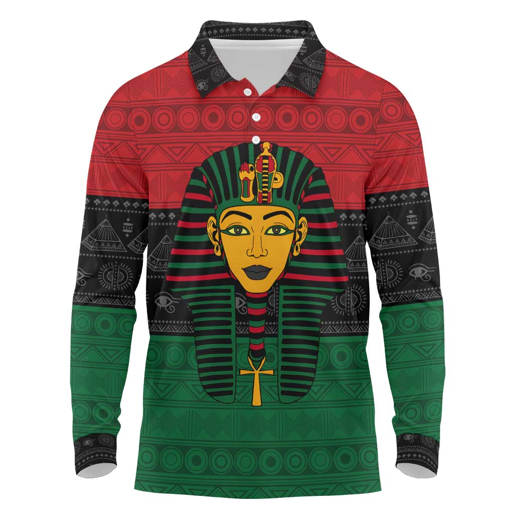 Personalized Ancient Egypt Long Sleeve Polo Shirt - Pharaoh in Pan-African Colors