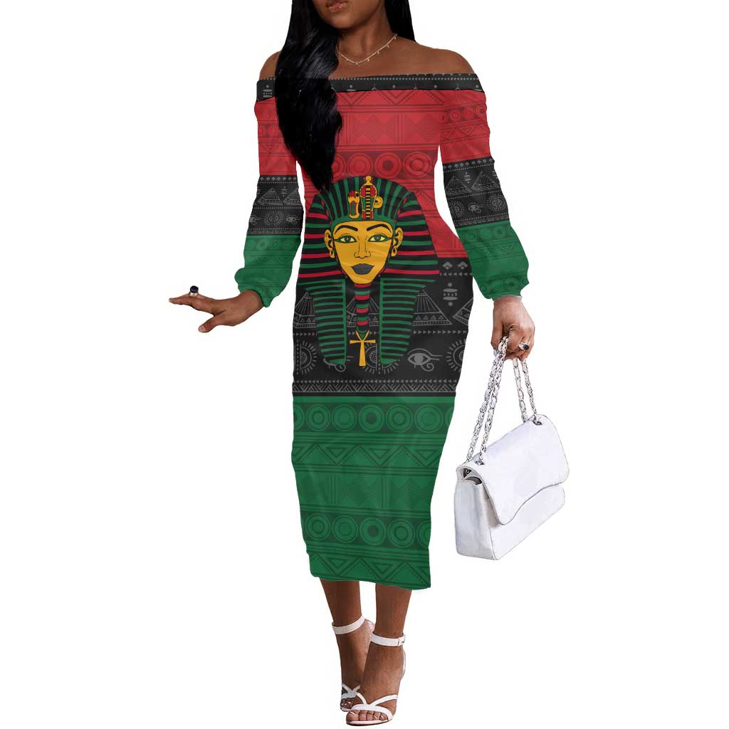 Personalized Ancient Egypt Off The Shoulder Long Sleeve Dress - Pharaoh in Pan-African Colors