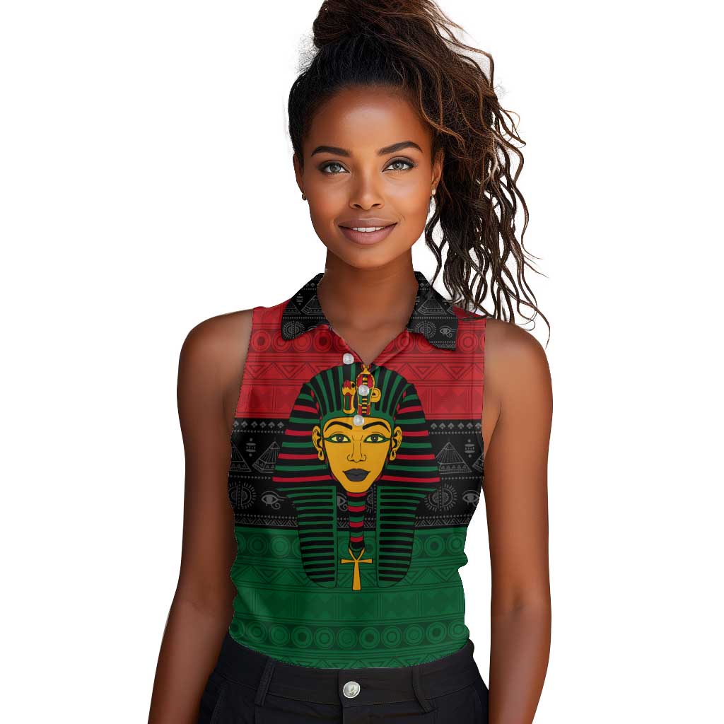 Personalized Ancient Egypt Women Sleeveless Polo Shirt - Pharaoh in Pan-African Colors