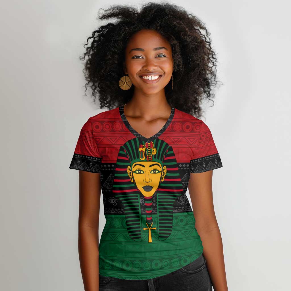 Personalized Ancient Egypt Women V-Neck T-Shirt - Pharaoh in Pan-African Colors