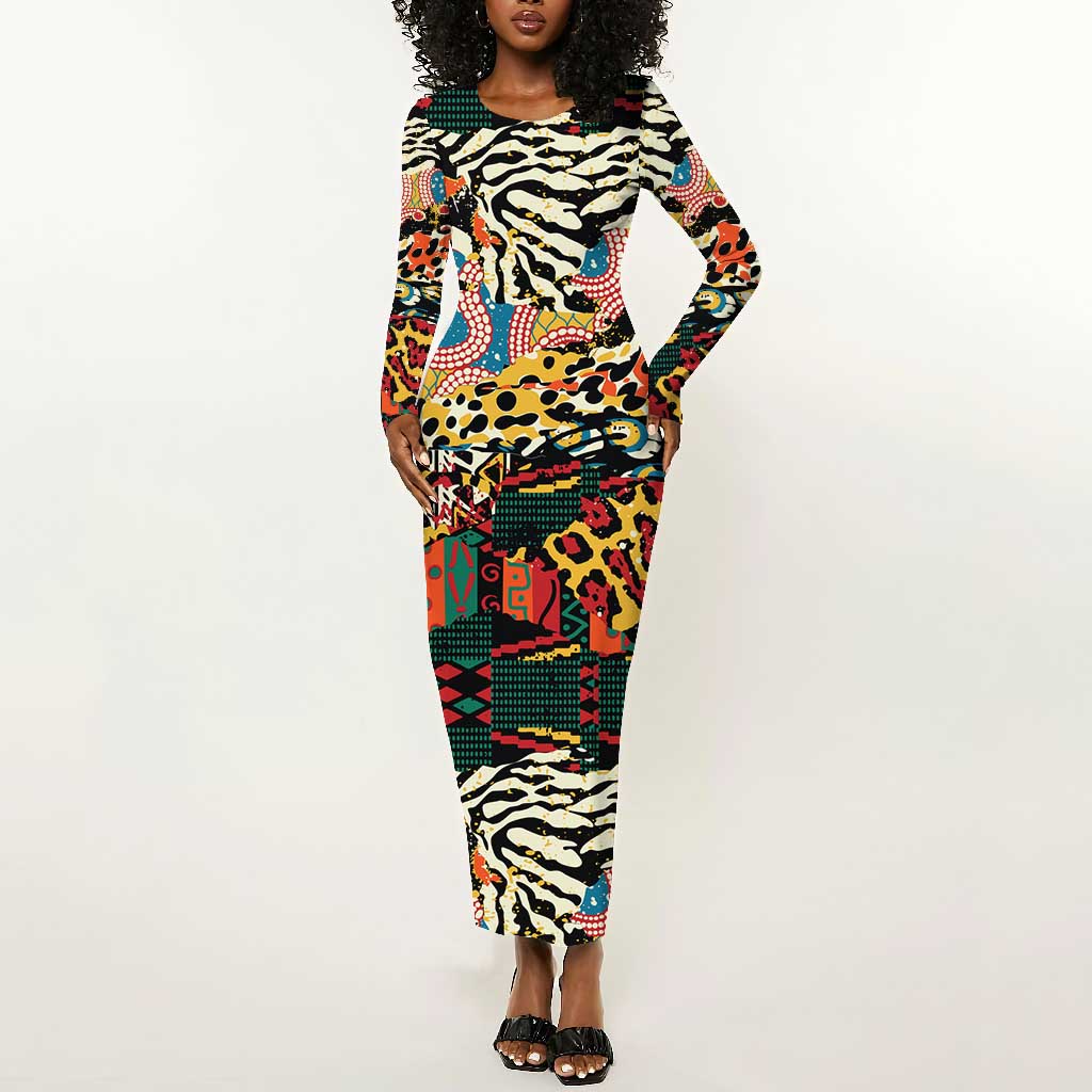 African Wildlife Long Sleeve Bodycon Dress Animal Pattern