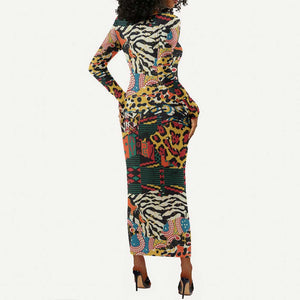 African Wildlife Long Sleeve Bodycon Dress Animal Pattern