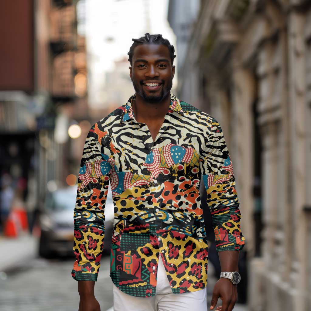 African Wildlife Long Sleeve Button Shirt Animal Pattern