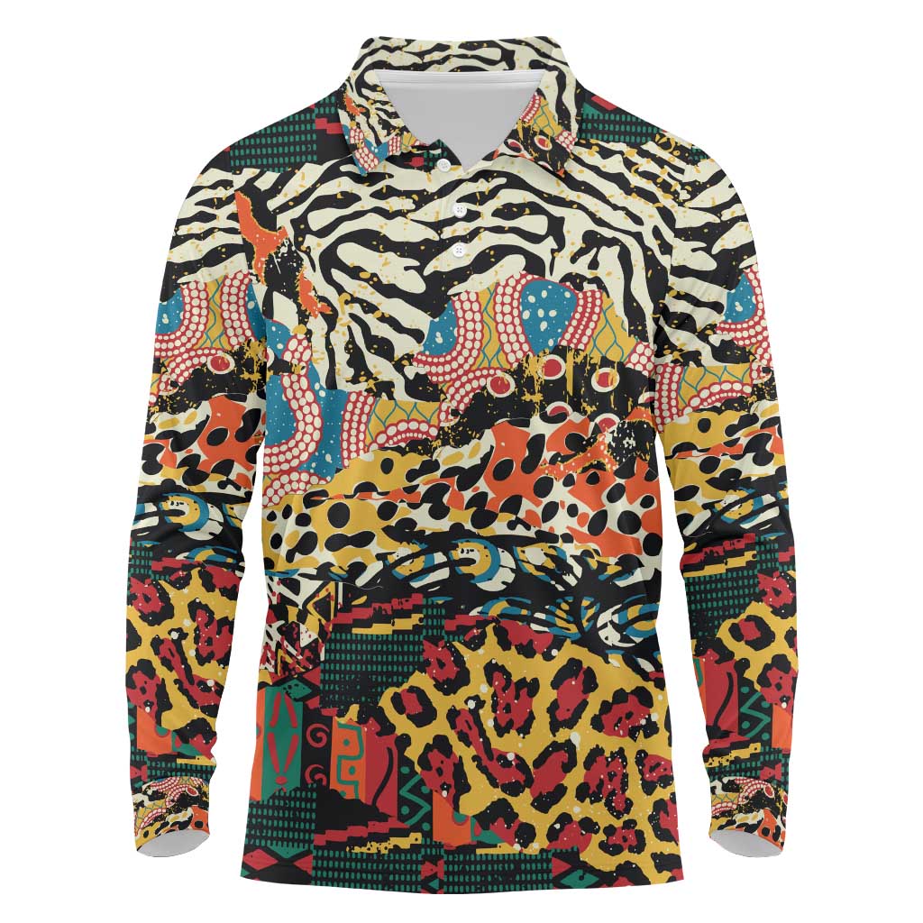 African Wildlife Long Sleeve Polo Shirt Animal Pattern