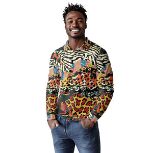 African Wildlife Long Sleeve Polo Shirt Animal Pattern