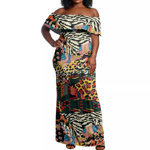 African Wildlife Off Shoulder Maxi Dress Animal Pattern