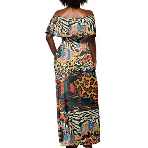 African Wildlife Off Shoulder Maxi Dress Animal Pattern