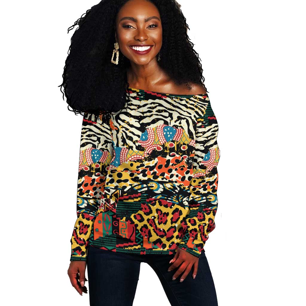 African Wildlife Off Shoulder Sweater Animal Pattern