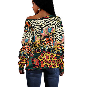 African Wildlife Off Shoulder Sweater Animal Pattern