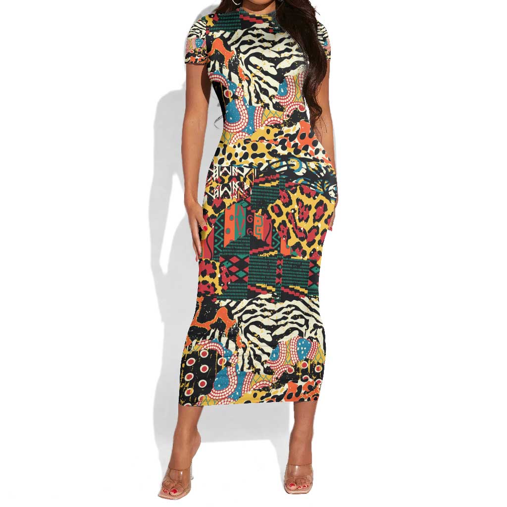 African Wildlife Short Sleeve Bodycon Dress Animal Pattern