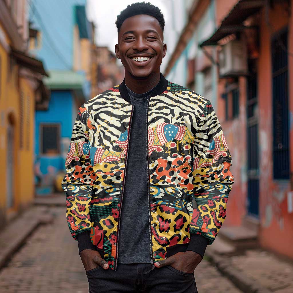 African Wildlife Sleeve Zip Bomber Jacket Animal Pattern