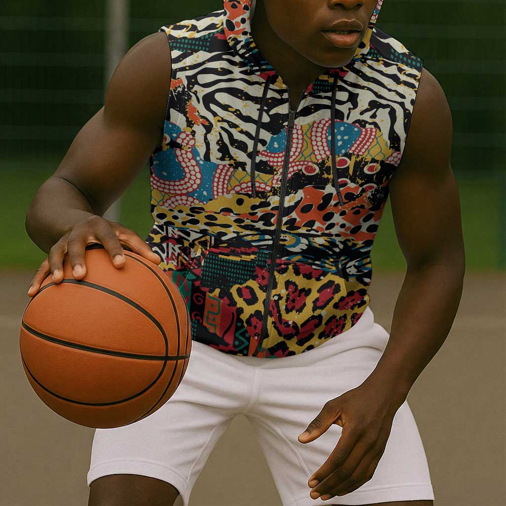 African Wildlife Sleeveless Zip Hoodie Animal Pattern - African Pride