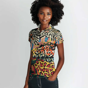 African Wildlife Women Polo Shirt Animal Pattern