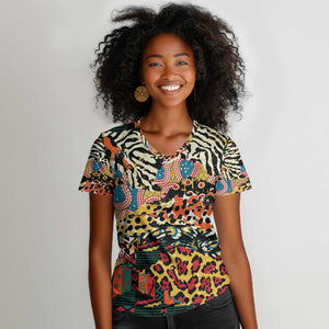 African Wildlife Women V-Neck T-Shirt Animal Pattern