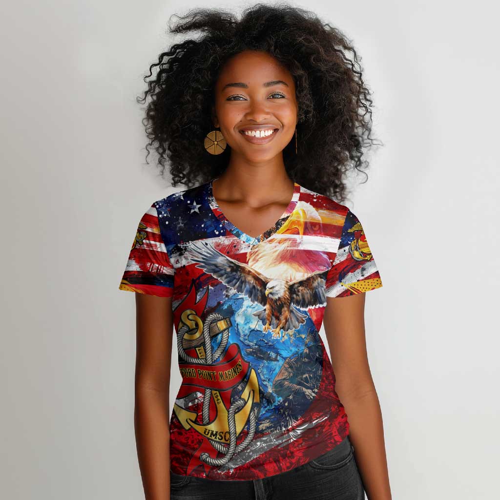 Montford Point Marines Women V-Neck T-Shirt African American Eagle Anchor Tribute - African Pride
