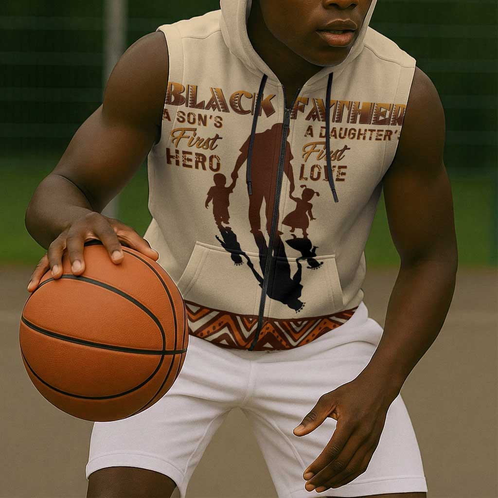 Black Father Sleeveless Zip Hoodie African Father with Son and Daughter - African Pride