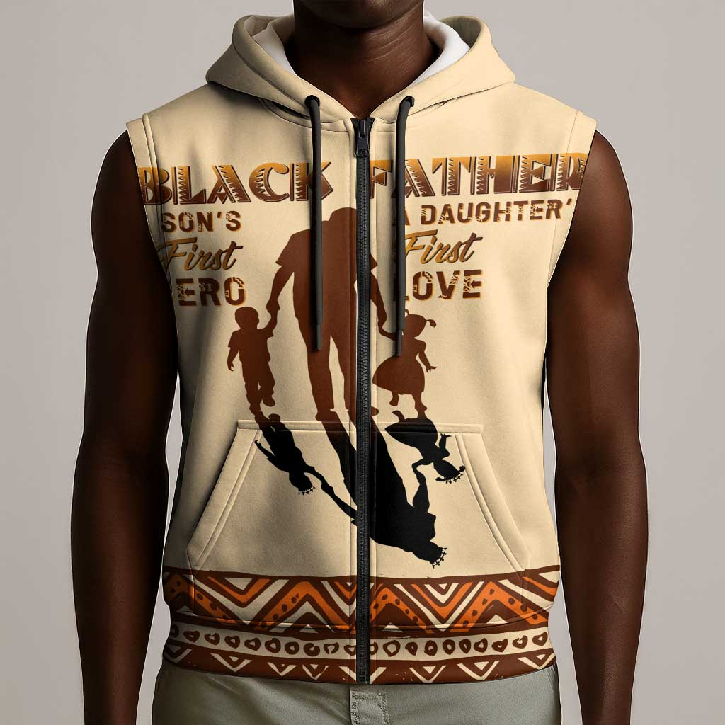 Black Father Sleeveless Zip Hoodie African Father with Son and Daughter - African Pride