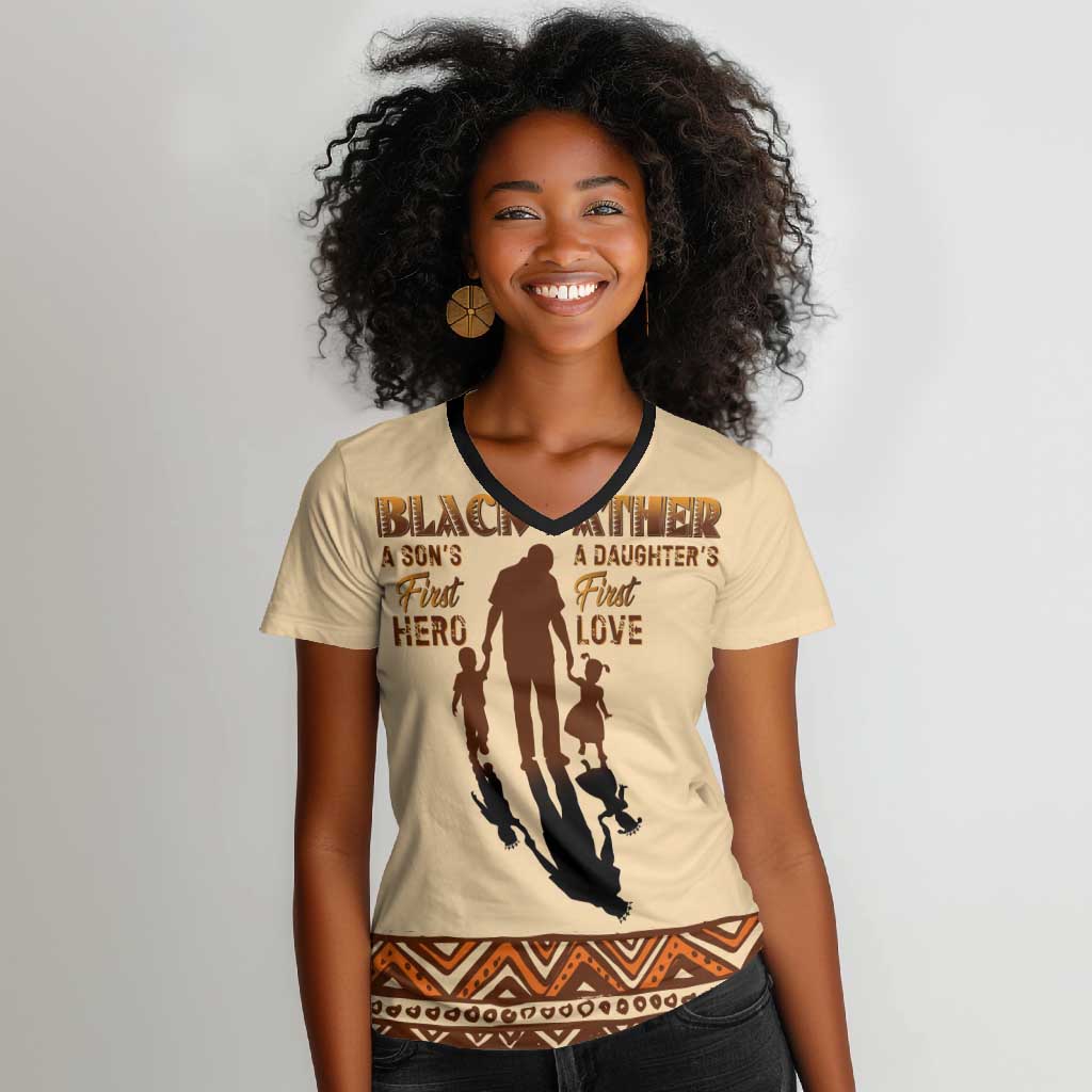 Black Father Women V-Neck T-Shirt African Father with Son and Daughter