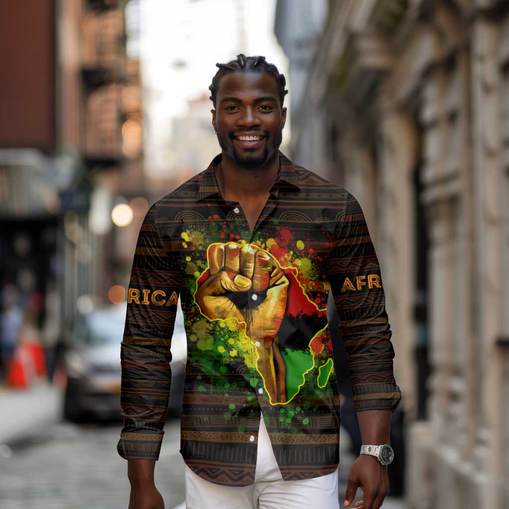 Black Power Long Sleeve Button Shirt Africa Map