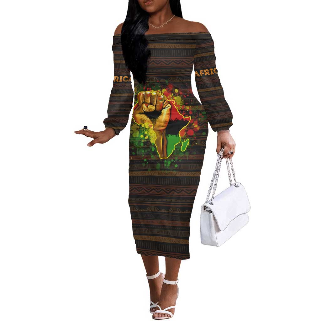 Black Power Off The Shoulder Long Sleeve Dress Africa Map