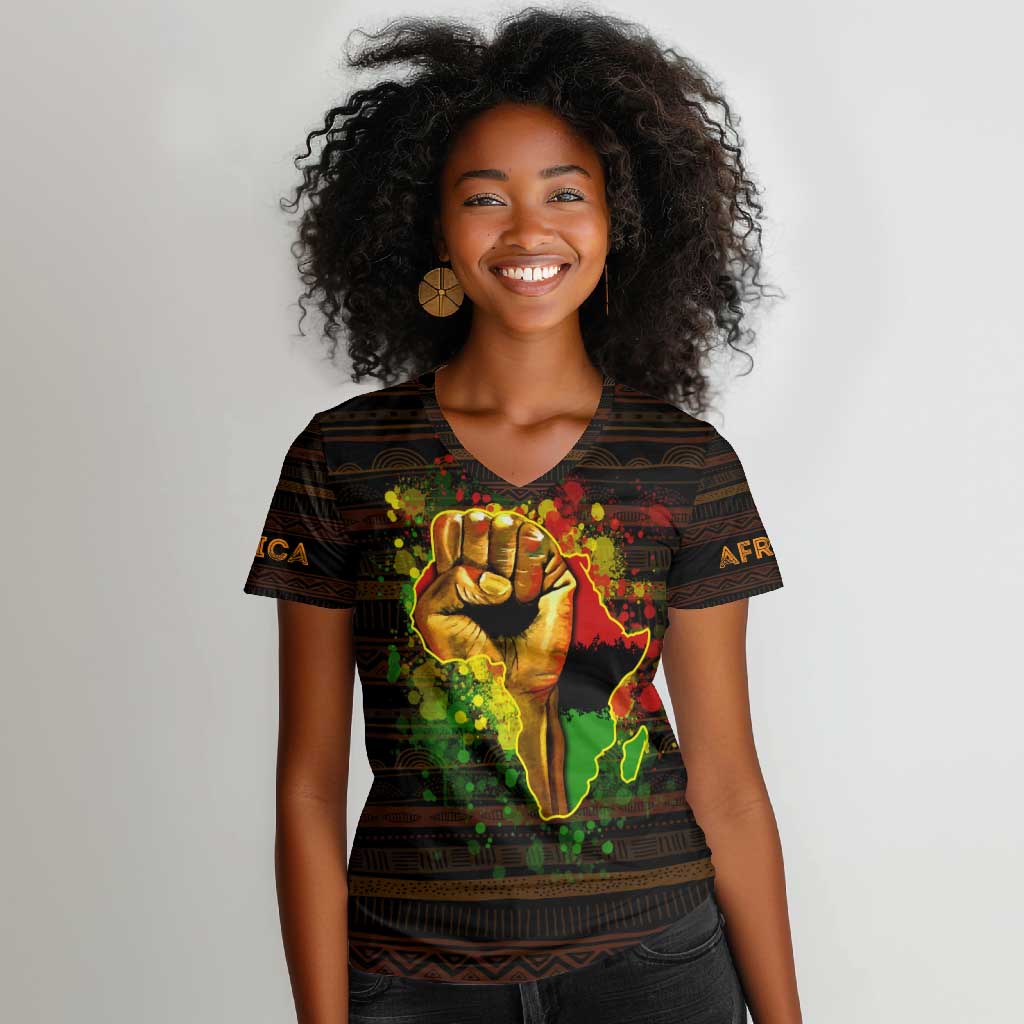 Black Power Women V-Neck T-Shirt Africa Map