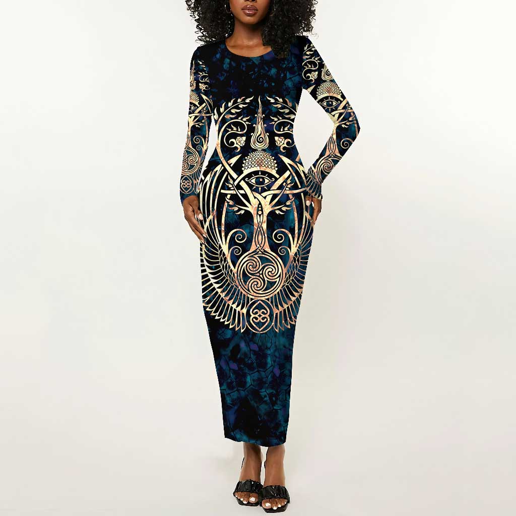 Adinkra Symbols Long Sleeve Bodycon Dress Tree of Life