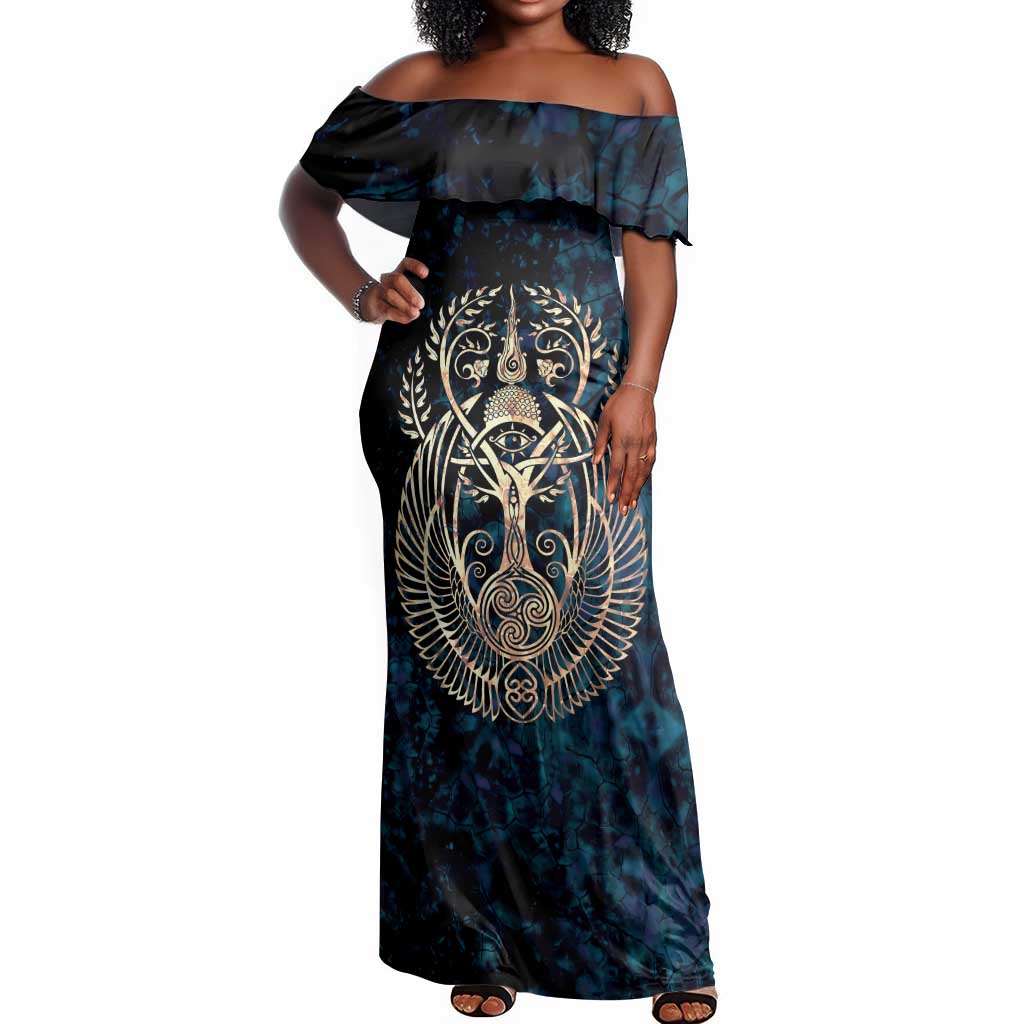 Adinkra Symbols Off Shoulder Maxi Dress Tree of Life