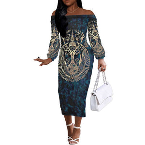 Adinkra Symbols Off The Shoulder Long Sleeve Dress Tree of Life