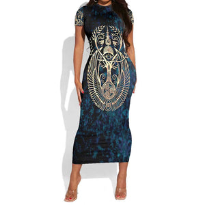 Adinkra Symbols Short Sleeve Bodycon Dress Tree of Life