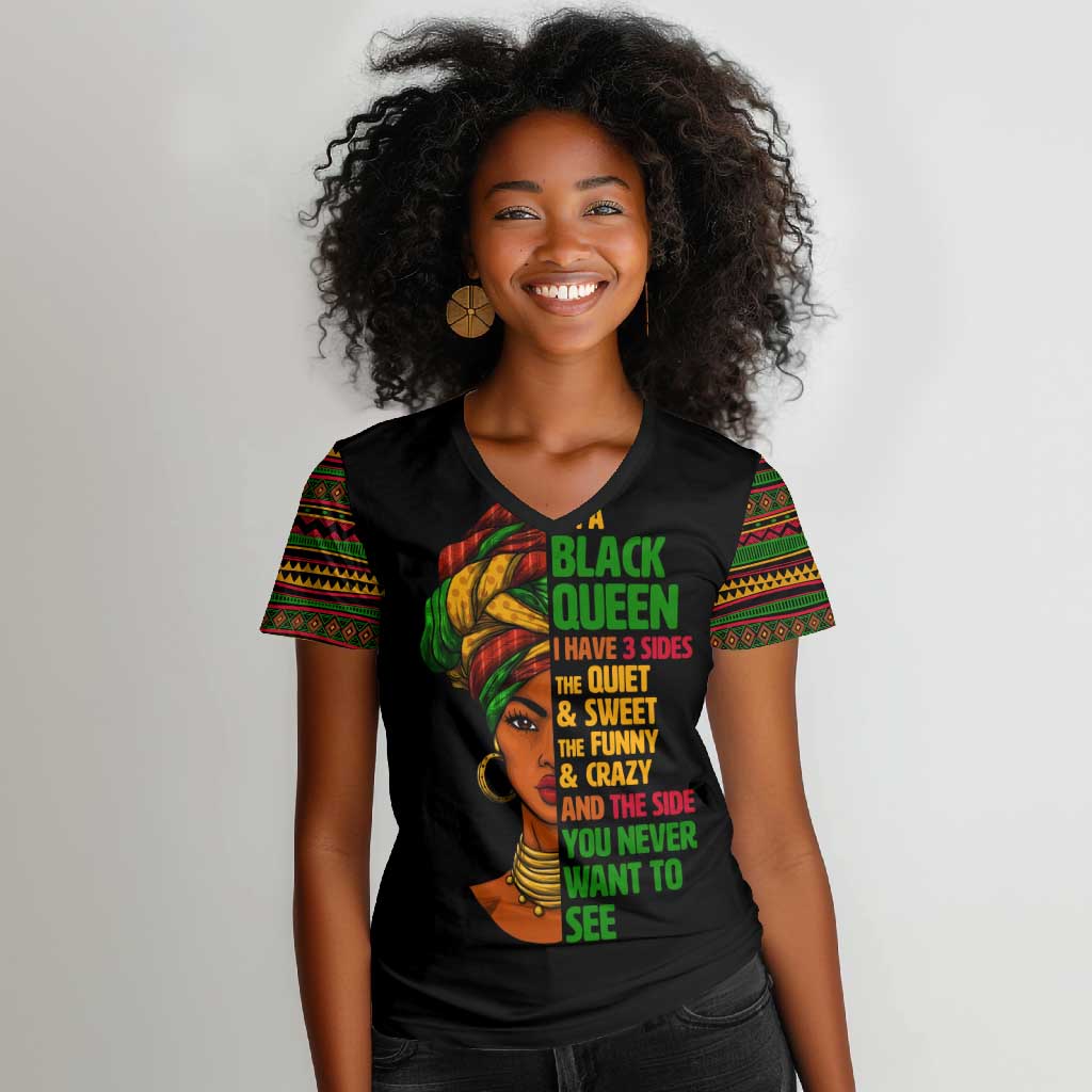 Three Sides Of Me Women V-Neck T-Shirt African Women Black Queen