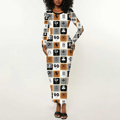 Adinkra Symbols Fashion Long Sleeve Bodycon Dress DT02
