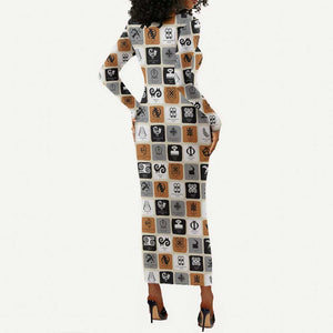 Adinkra Symbols Fashion Long Sleeve Bodycon Dress