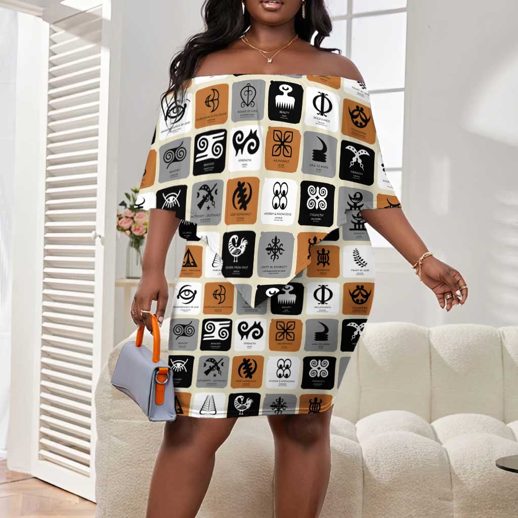 Adinkra Symbols Fashion Off Shoulder Short Dress