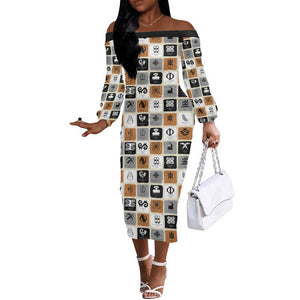 Adinkra Symbols Fashion Off The Shoulder Long Sleeve Dress